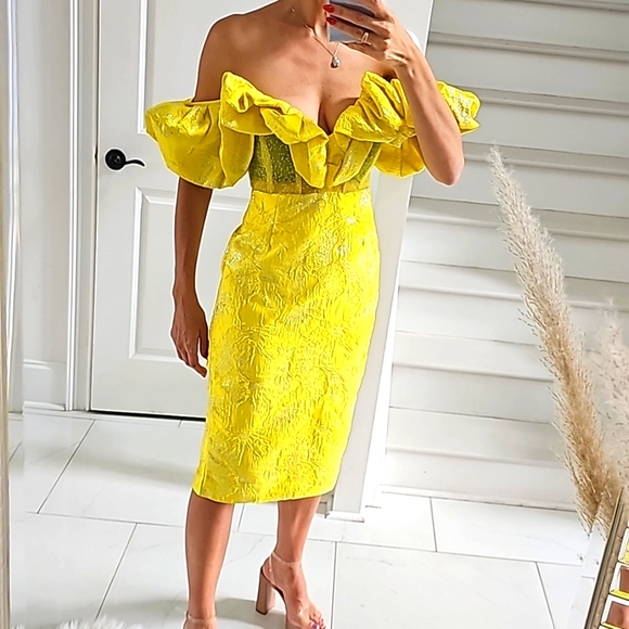 Yellow Ruffled Cocktail Dress - Picture 2 of 6